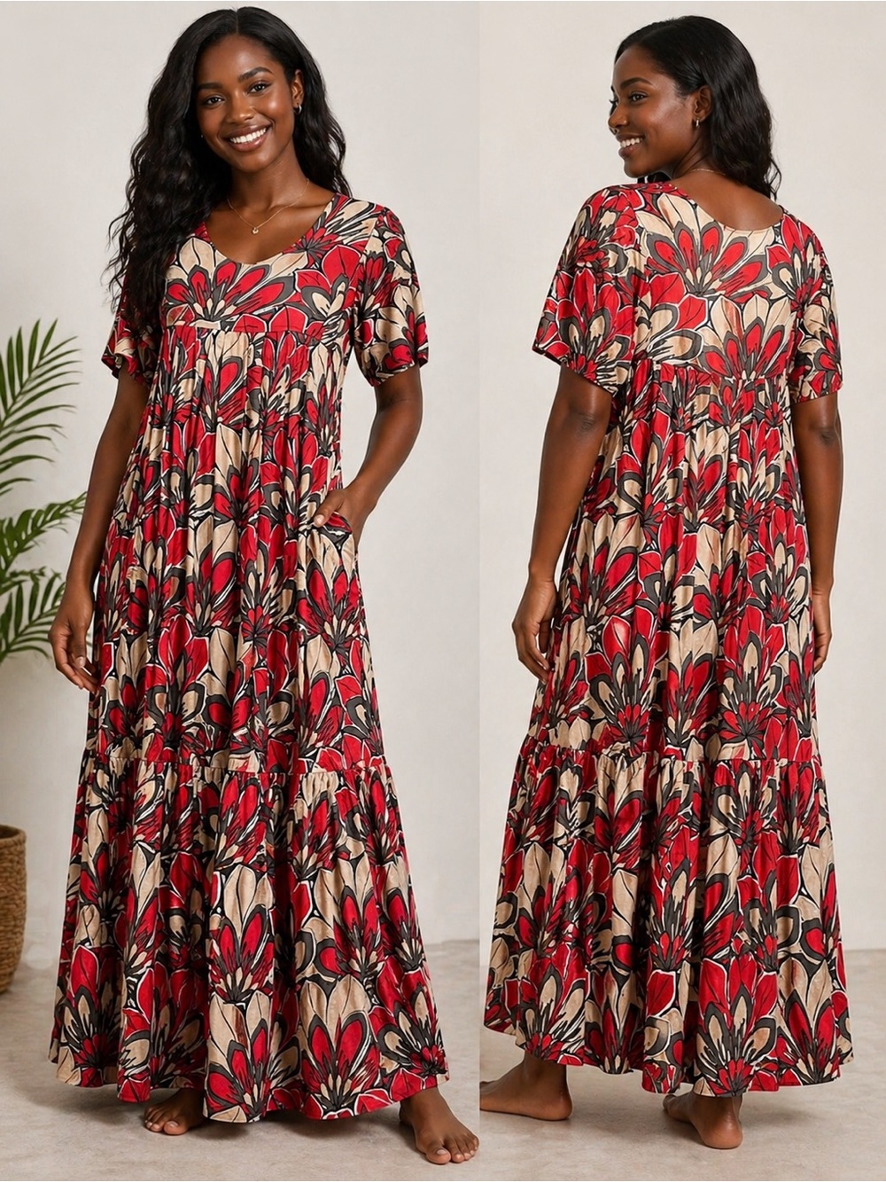 MTB Meant To Be NWT Boho Floral Cotton Dress Size Large Red Beige